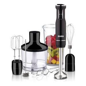 Set blender multifunctional ZASS ZHB 12 MF, 1000W, cu tija lunga detasabila din inox, 2 optiuni de viteza (normal si turbo) cu 12 trepte de viteza, lama din otel inoxidabil, lumina LED albastra, cu 5 accesorii, Negru