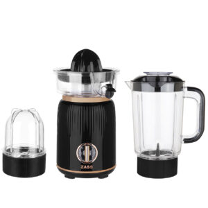 Blender de masa cu 3 accesorii Zass ZSB 21 Rose Gold, 380 W, 2 trepte de viteza, Cana transparenta de 1000 ml, Rasnita de 300 ml si Storcator citrice, Negru