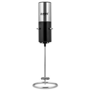 Spumator de lapte electric ZASS Gourmet ZEMF 02, Functionare cu baterii (neincluse), Otel inoxidabil de inalta calitate, Include suport metalic pentru depozitare, Negru cu argintiu