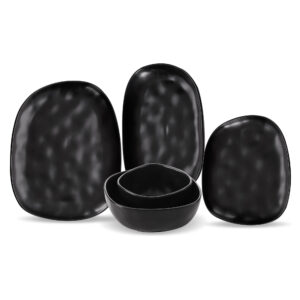 Set vesela din portelan ZASS ZG-DS 06 Negru, 20 piese, 4 farfurii intinse mari, 4 farfurii adancii, 4 farfurii mici, 4 boluri salata, 4 boluri mici, finisaj semi lucios, design modern, forma asimetrica, Culoare Negru