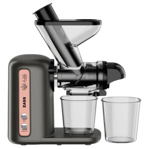 Storcator lent de fructe si legume ZASS Healthy Line ZSJ 30, motor silentios de tip DC 100w, presare la rece cu rotire lenta 80-115 rotatii/ minut, functie Reverse, sistem antipicurare, include 2 recipiente din plastic, usor de asamblat